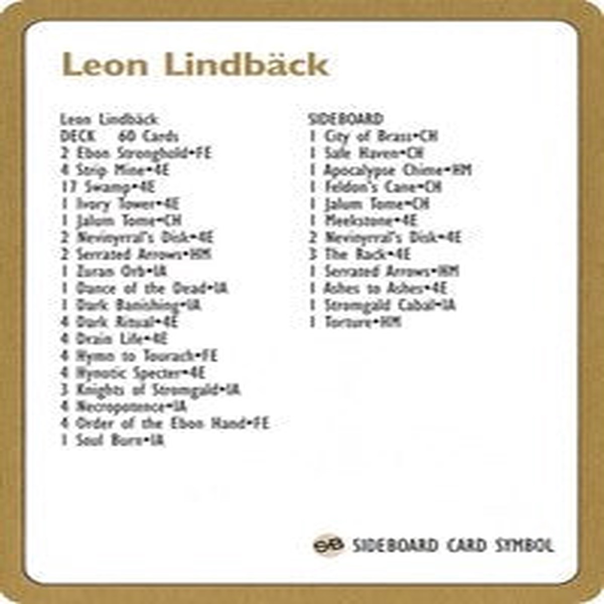 1996 Leon Lindback Decklist Card [World Championship Decks] - Near Mint