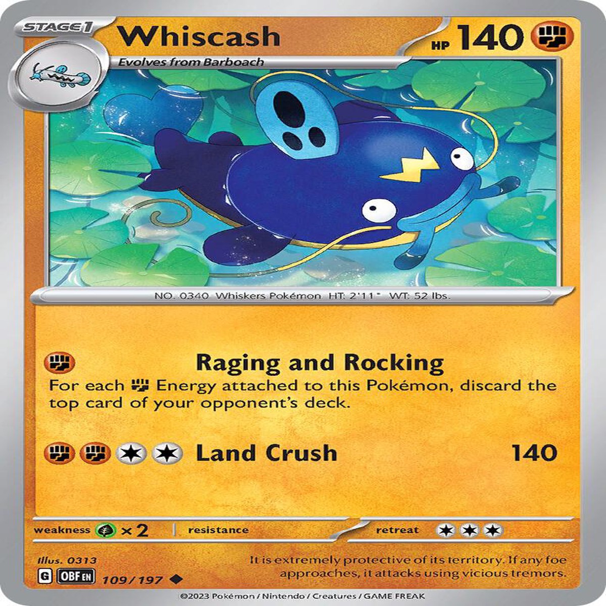 Whiscash Normal SV03: Obsidian Flames Uncommon 109/197 - Near Mint